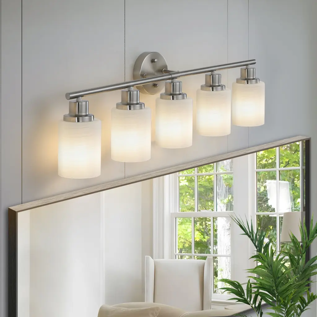 Modern 5 Light Vanity Wall Sconce Brushed Nickel Finish Frosted Glass lighting commune