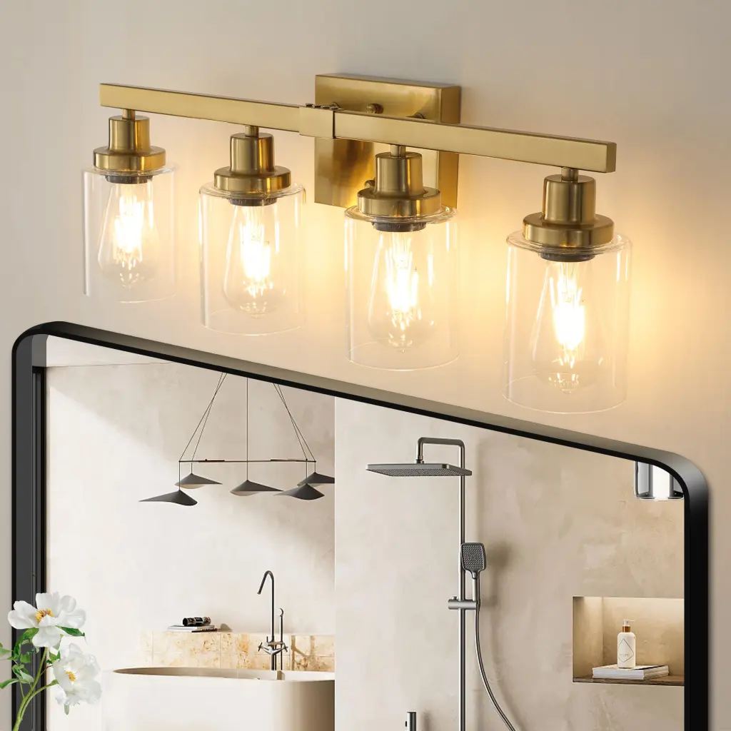 Precious Metalen 4 Light Vanity Light Clear Crystal Shades Modern Ferrous Metal Metallic Bathroom Fixture lighting commune