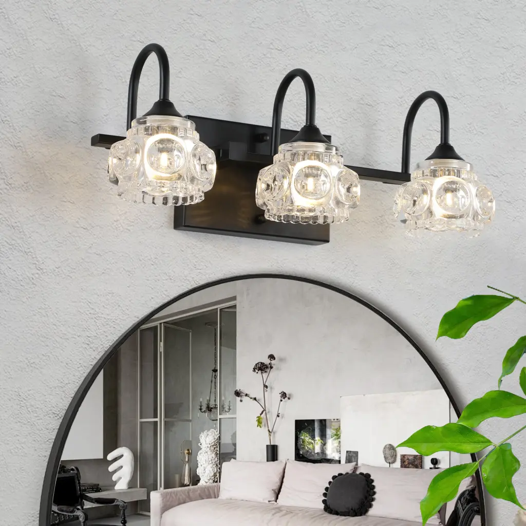 Retro 3 Light Bathroom Vanity Light Fixture Black Finish Glass Shades lighting commune