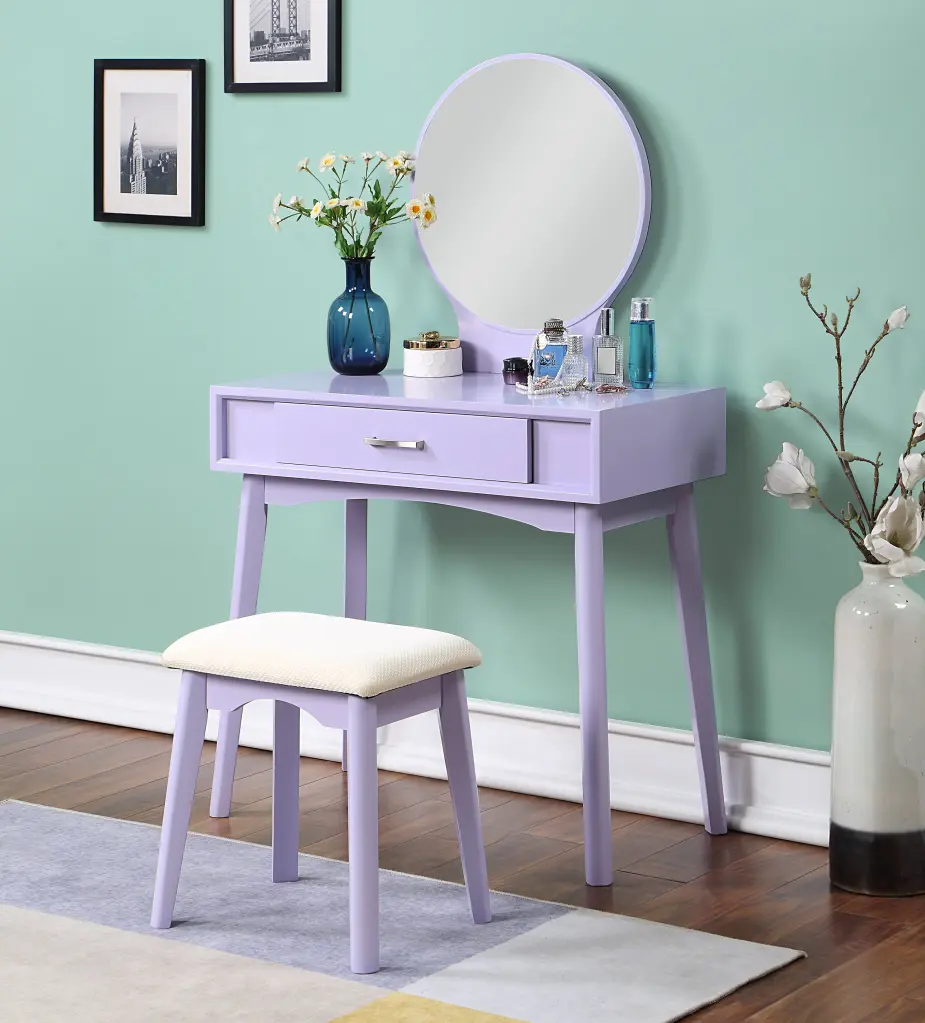 Maly Contemporary Timber Vanity And Stool Set Purple Timber Bedroom Furniture hz