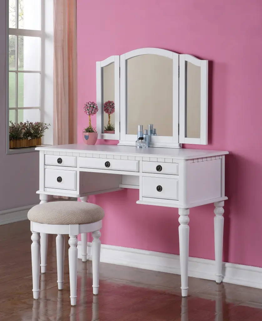 Bedroom Contemporary Vanity Set Collapsible Mirror Stool and Drawers White kanepe