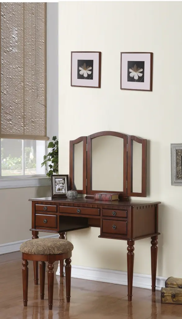 Bedroom Contemporary Vanity Set Foldable Mirror Stool and Drawers Cherry Finish kanepe