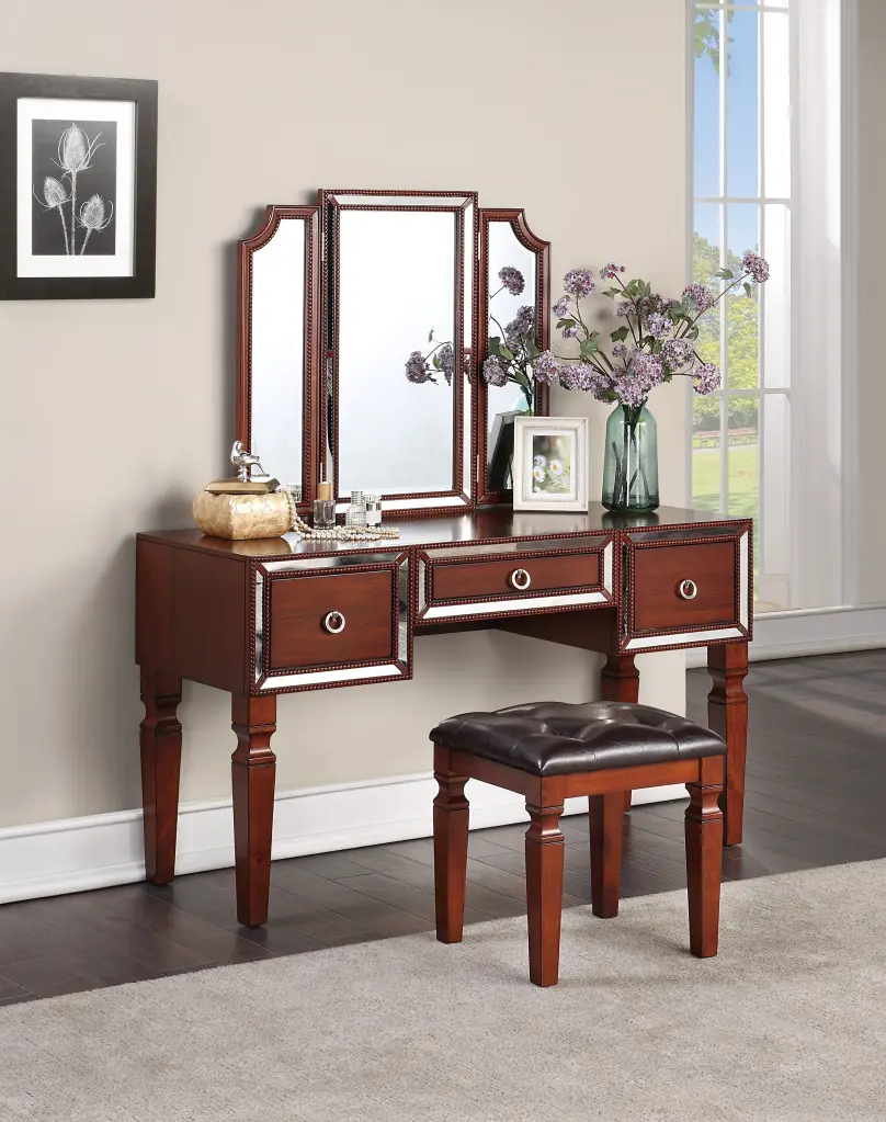 Opulent Majestic Timeless Cherry Hue Vanity Set Stool and 3 Storage Drawers kanepe