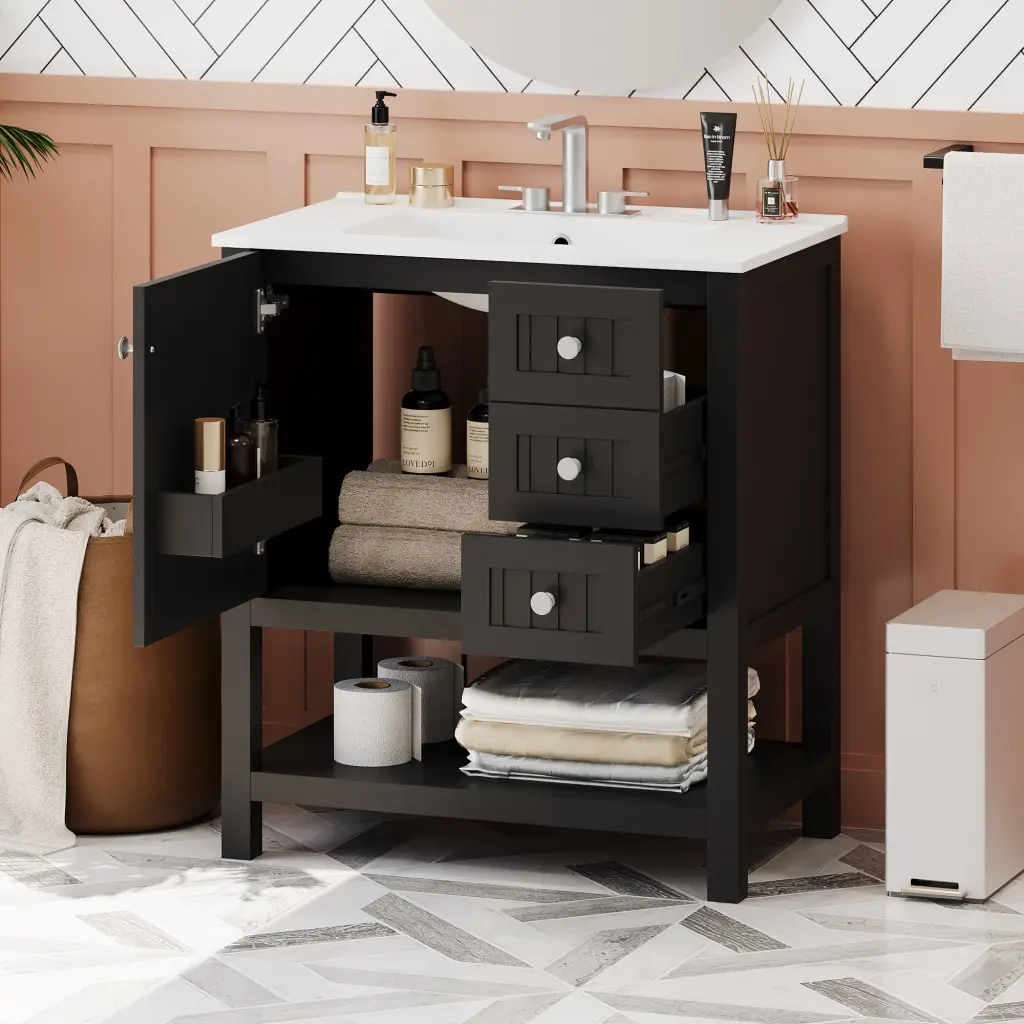 30 Inch Transitional Style Bathroom Vanity Cabinet Bundle Porcelain Sink rnb