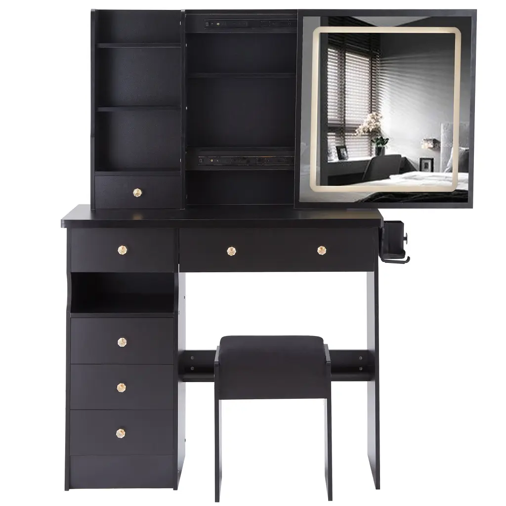 37 Inch Middle Size Left Drawer Desktop Vanity Table Cushioned Stool Dresser crazy elf
