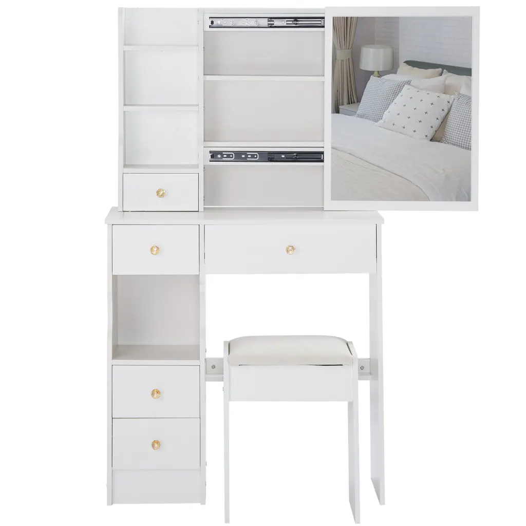 Small Left Drawer Desktop Vanity Table Cushioned Stool crazy elf