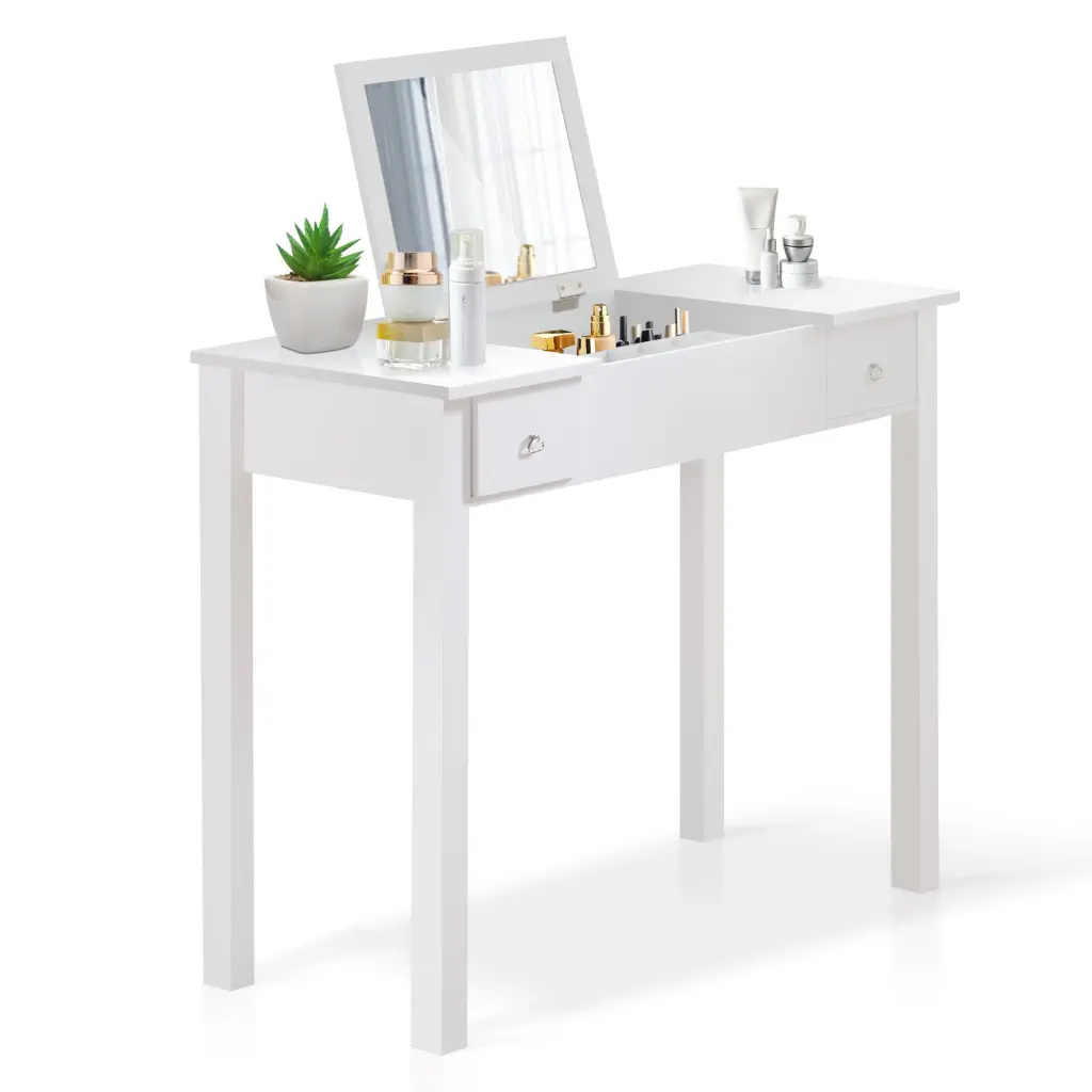 Accent White Vanity Table Flip Top Mirror And 2 Drawers Makeup Dressing Table familyroom furnitures