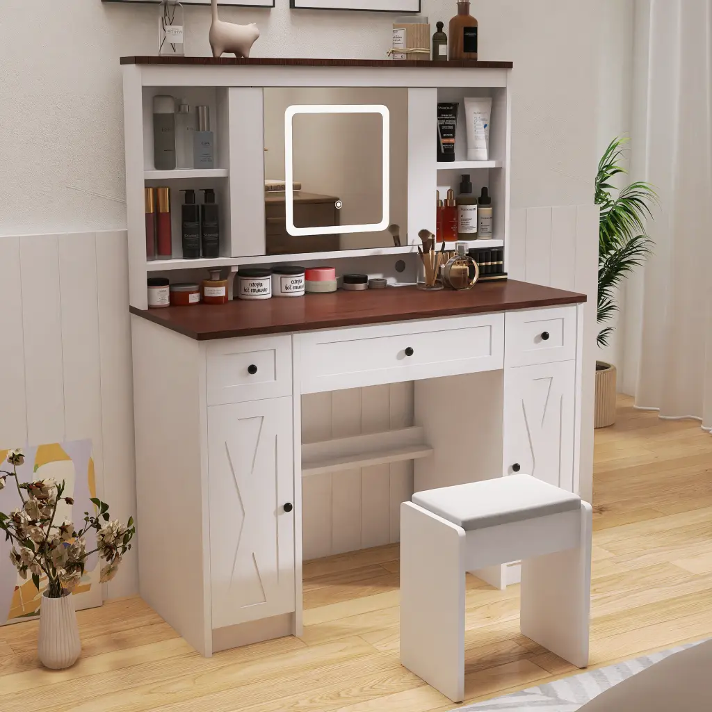 Farmhouse Vanity Desk Sliding Mirror Lights and Charging Station familyroom furnitures
