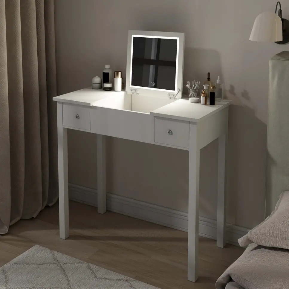 Stylish White Vanity Table LED Lights Flip Top Mirror and 2 Drawers familyroom furnitures