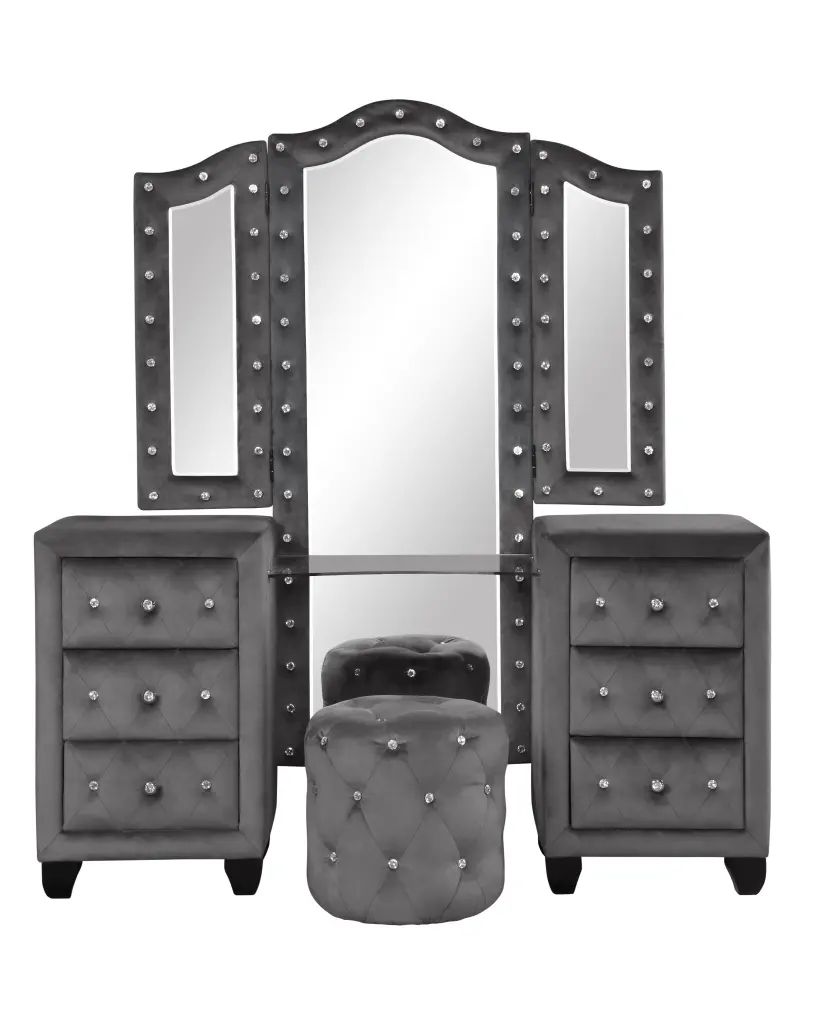 Sophia Modern Style Crystal Tufted Upholstery 6 Drawer Vanity Set Stool galaxy home furnishings