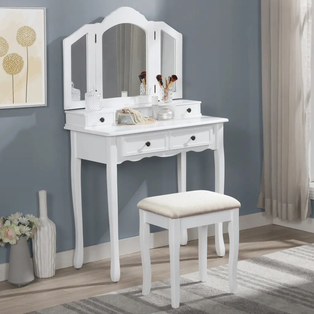 Sanlo Timberen Vanity Make Up Table And Stool Set White Wooden Dressing Desk hz