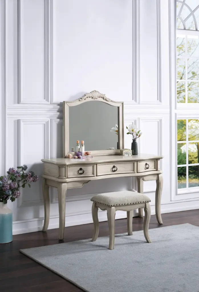 Contemporary Antique White Hue Vanity Set Stool Retro Style Drawer Makeup Dressing Table kanepe