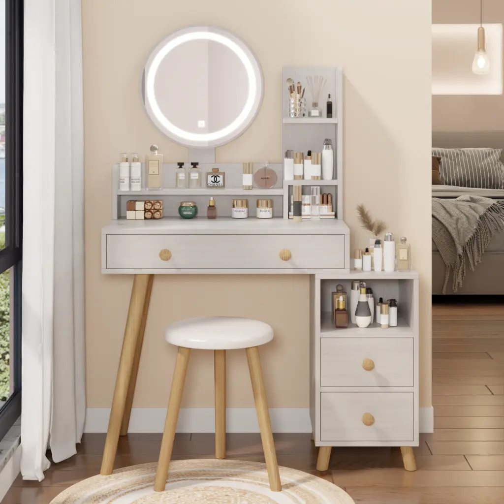 17 Inch Round Mirror Vanity Table Cushioned Stool Bedside Cabinet rnb