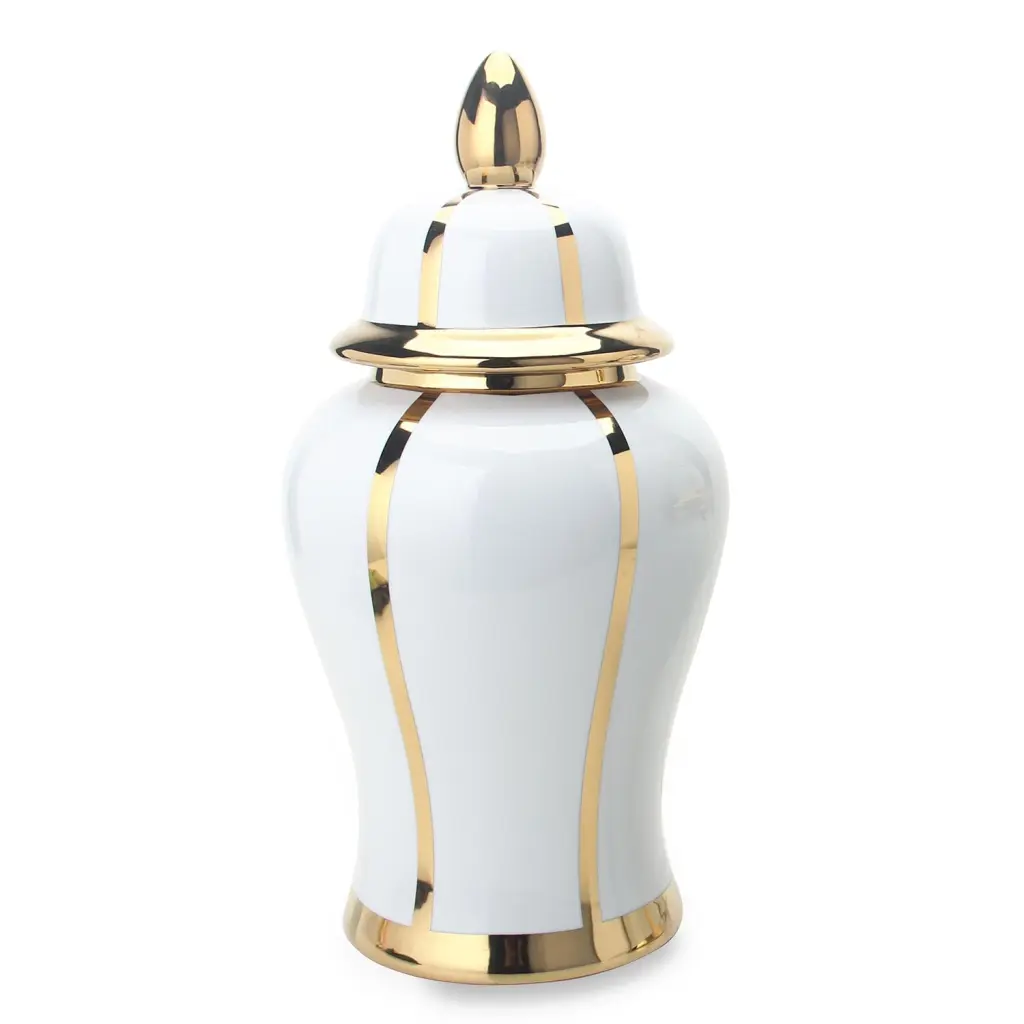 White Linear Gilded Ginger Jar Removable Lid Porcelain Home Decor furnings