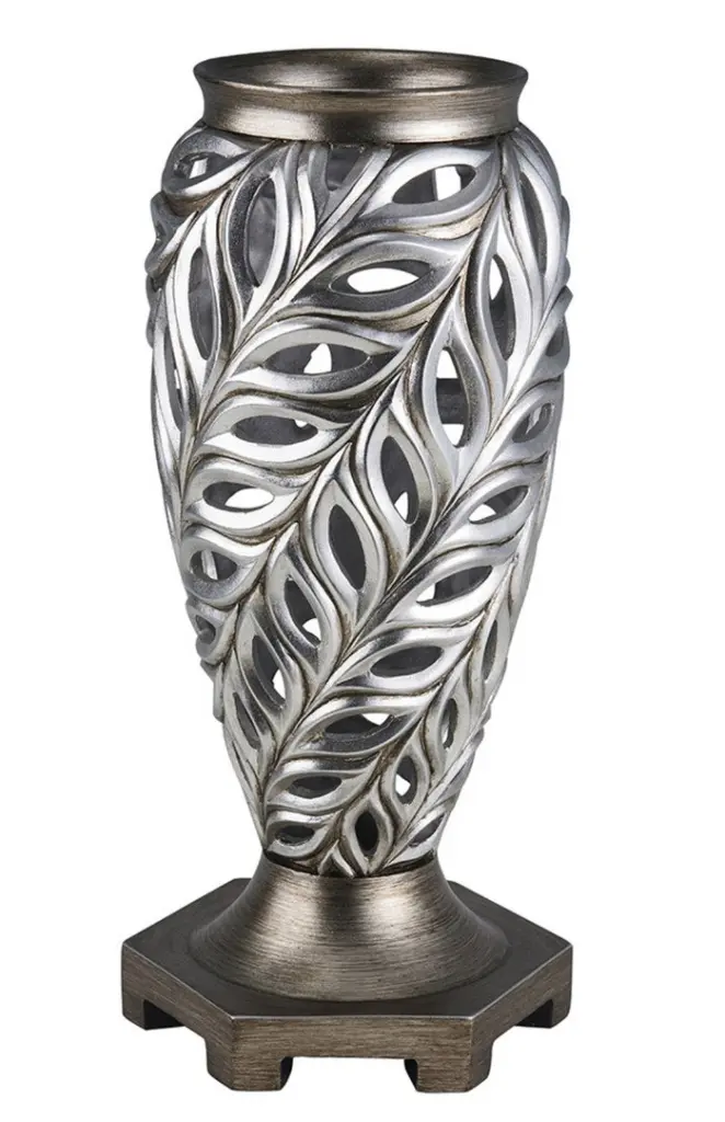 15.75 Inch Tall Polyresin Decorative Vase Kiara Shiny Metal Peacock Feathers california home