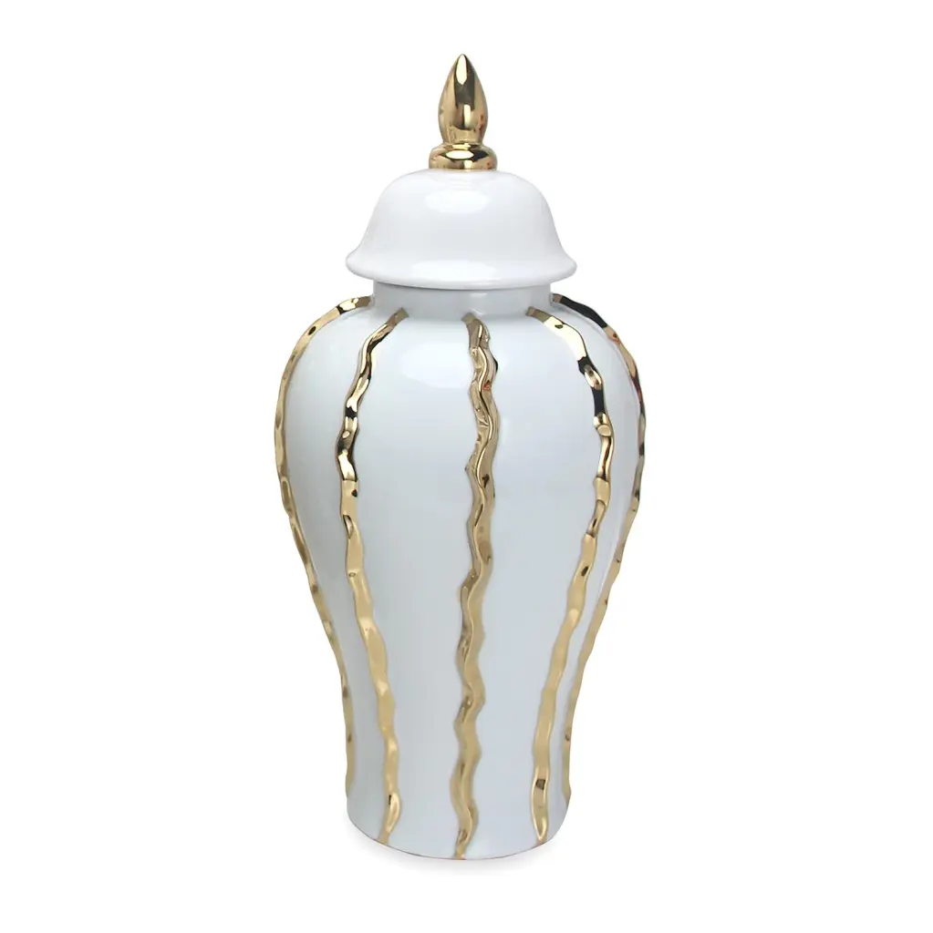 Elegant White Ceramic Ginger Jar Gold Accents Classic Home Decor furnings