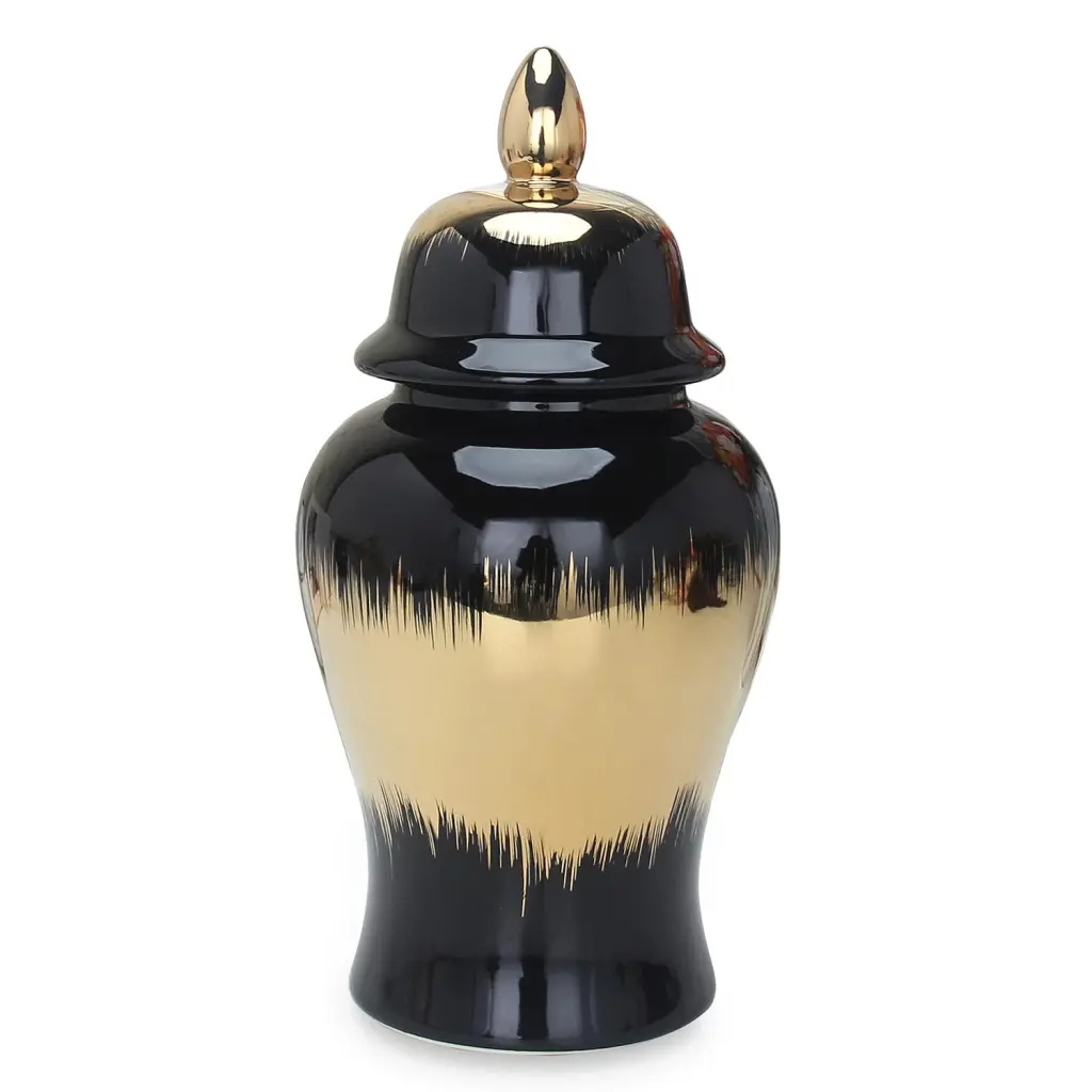 Regal Black Gilded Ginger Jar Removable Lid Black Porcelain furnings