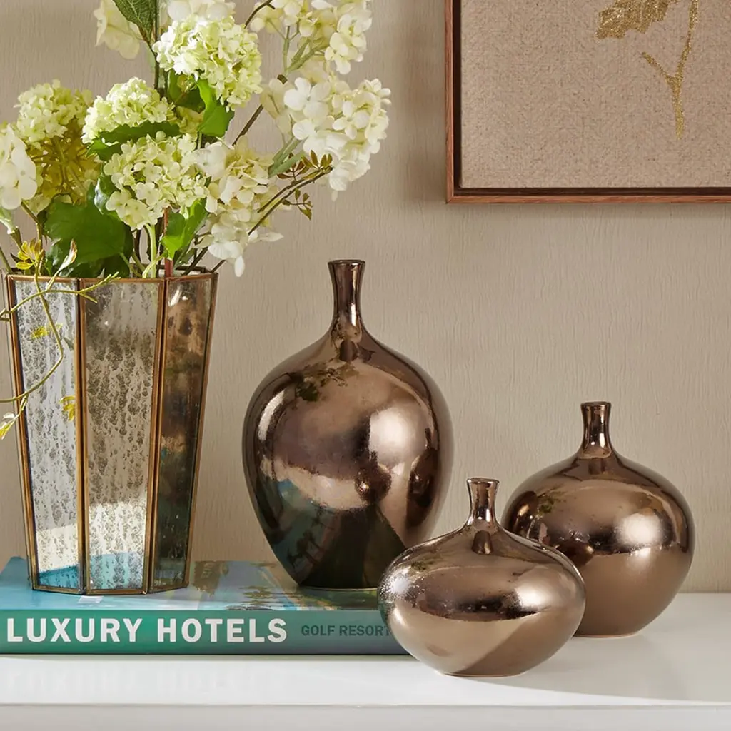 Mirrored Porcelain Decorative Vases 3 Piece Set Metal Alloy Porcelain jla