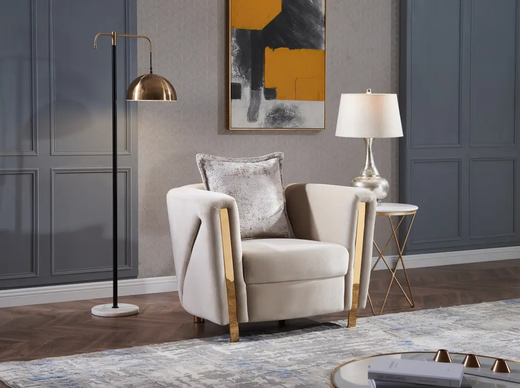 Thick Velvet Fabric Upholstered Chair Made Wood Frame Beige Living Room galaxy home furnishings