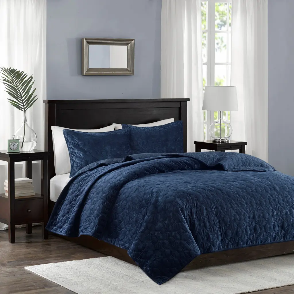 3 Piece Velvet Quilt Set Navy King Cal King Size Cotton Bedding jla