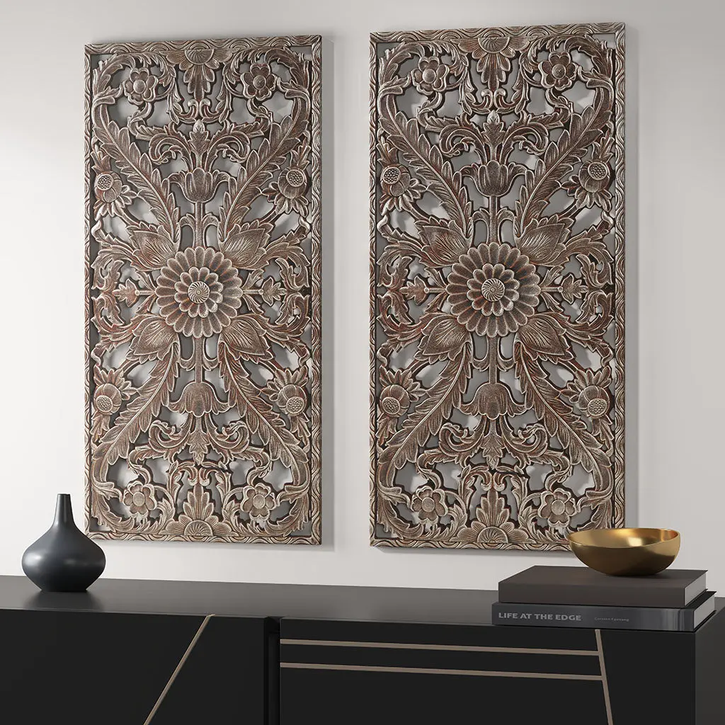 Distressed Carved Timber 2 Piece Wall Decor Set Metal Alloy MDF Art jla