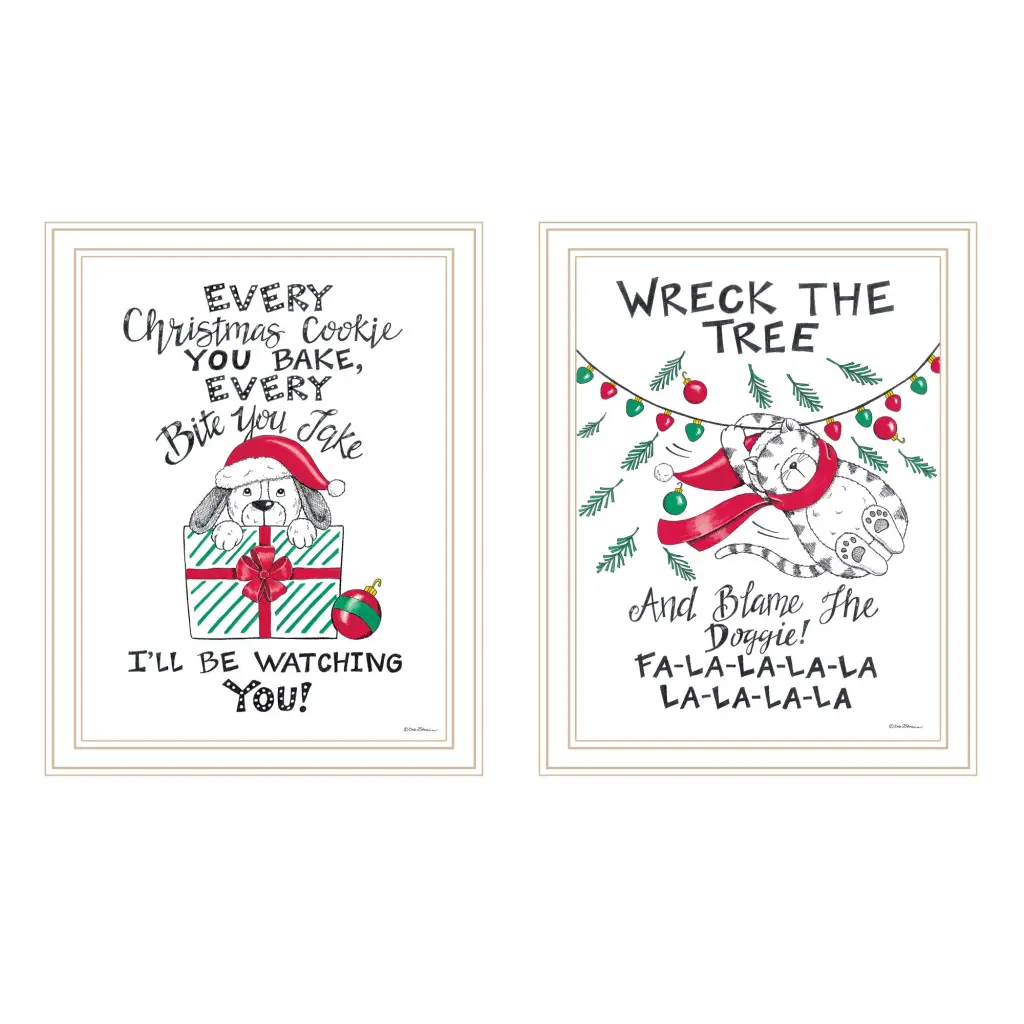 2 Piece Vignette Cat & Dog Christmas Enjoyment White Framed Wall Art Home Decor trendy decor 4u