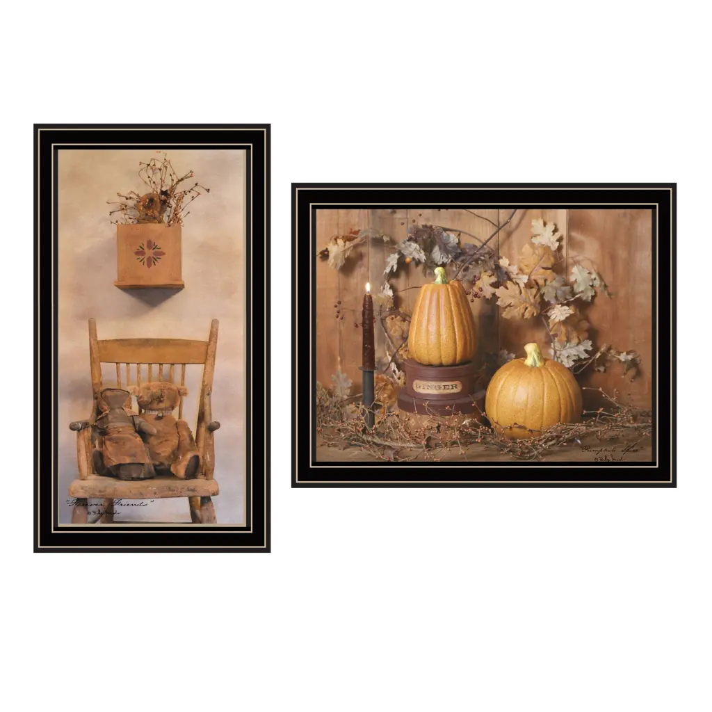 2 Piece Vignette Friends And Pumpkins Black Framed Wall Art Living Room trendy decor 4u