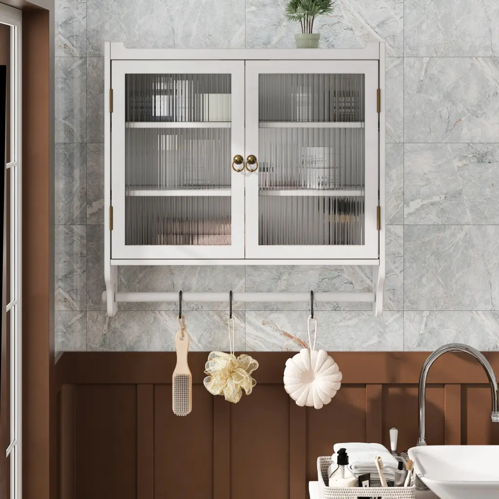 24.8 Inch Glass Door Vintage Double Door Wall Cabinet Three Tiers Storage rnb