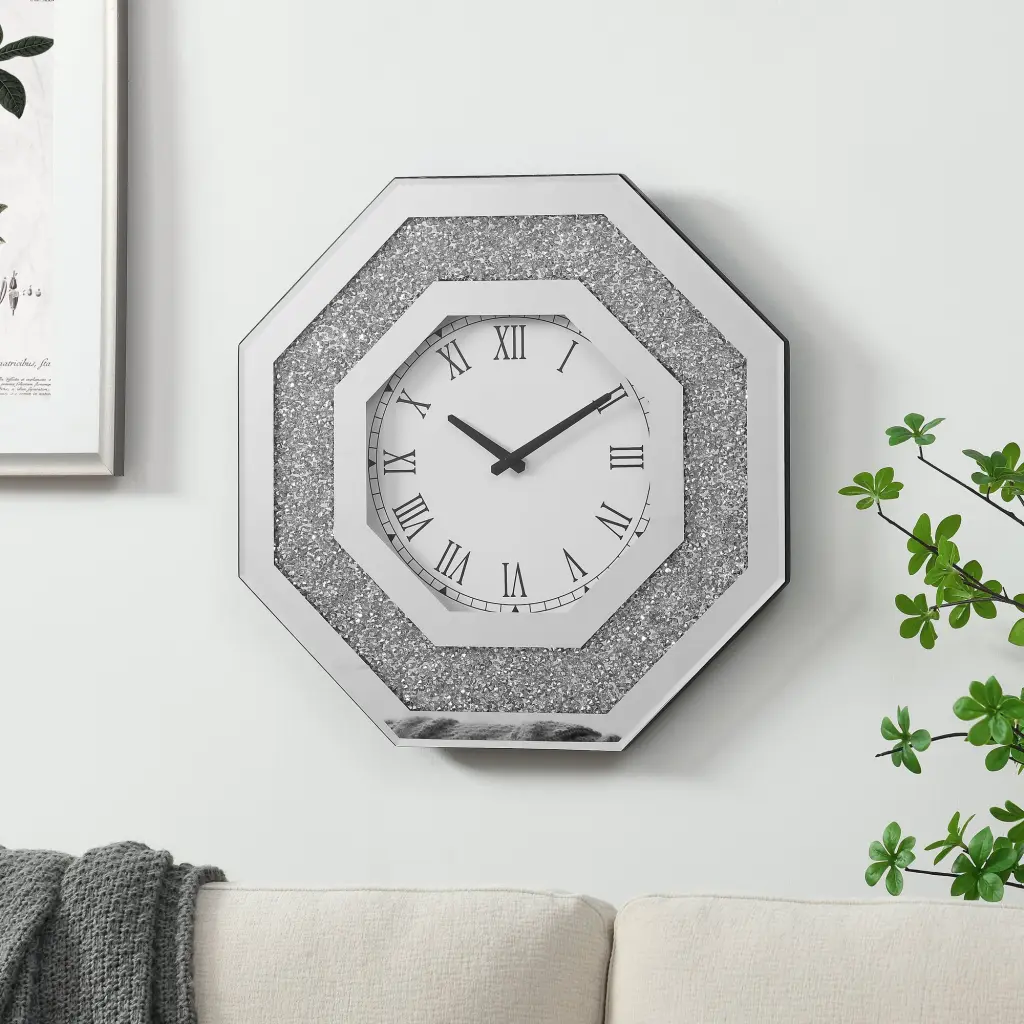 Octagonal Mirror Wall Clock Artificial Diamond Silver Finish kai lee- mirror arts-furniture factory