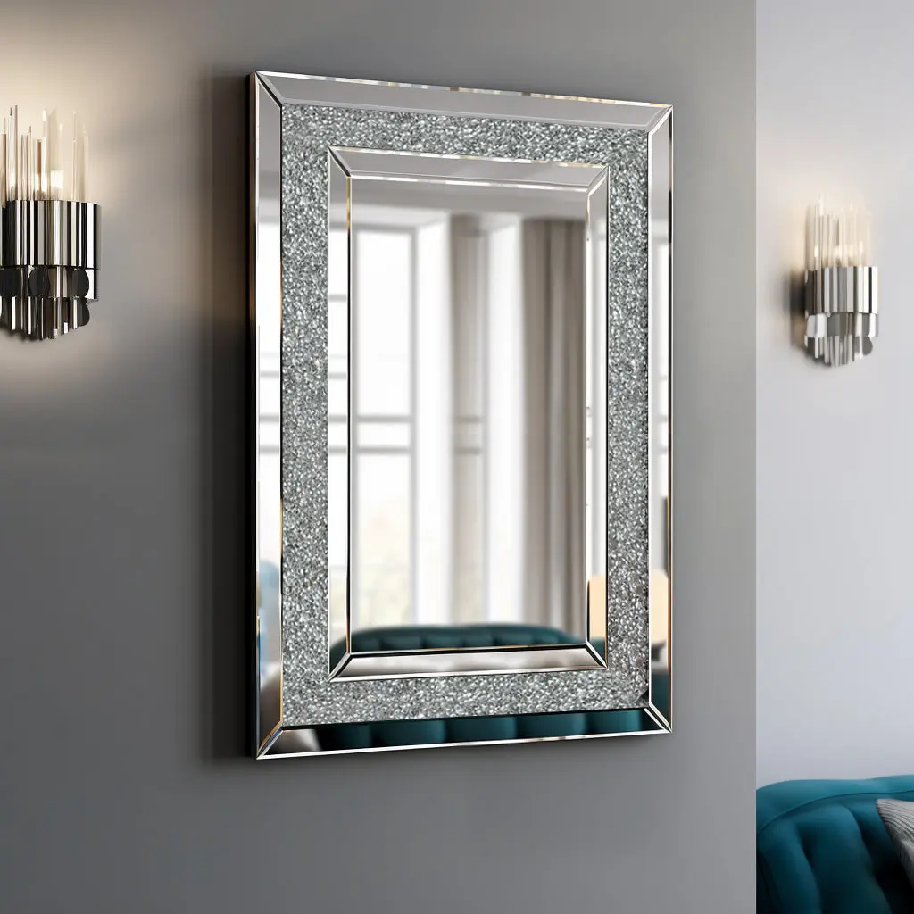 Large Wall Mounted Shiny Metal Decorative Rectangular Wall Mirror hongsing furniture