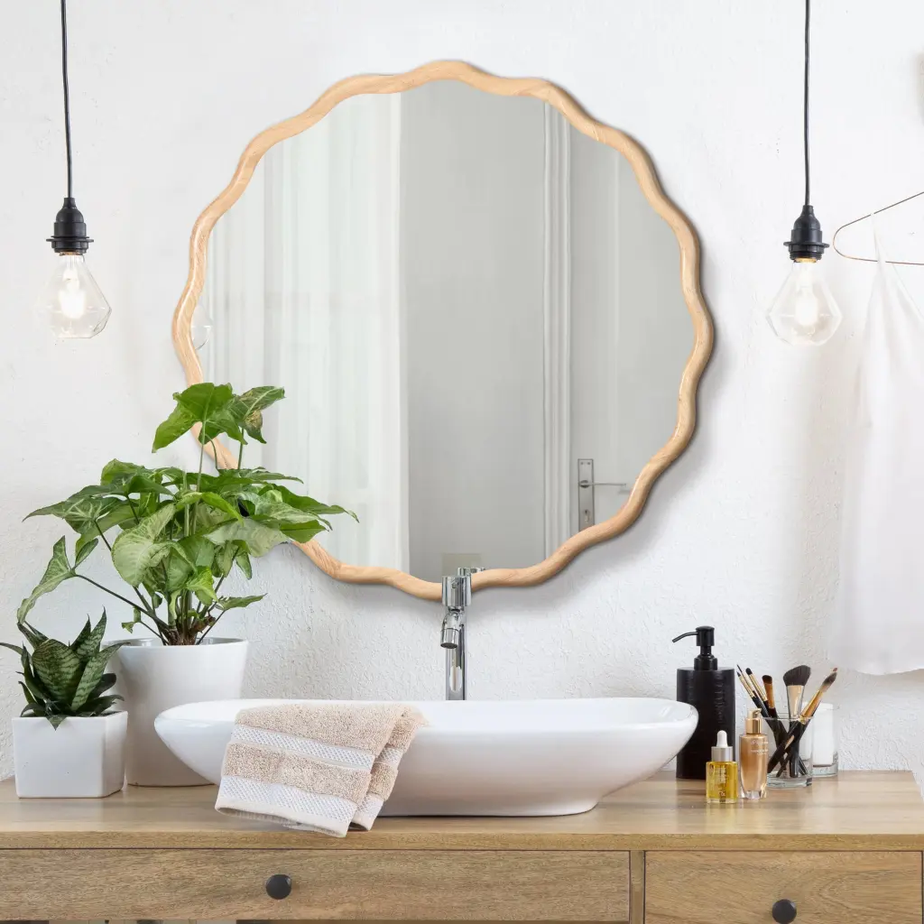 Solid Timber Wavy Mirror 31x31 Inch Natural Wood Vanity Mirror Wall Decor rnb