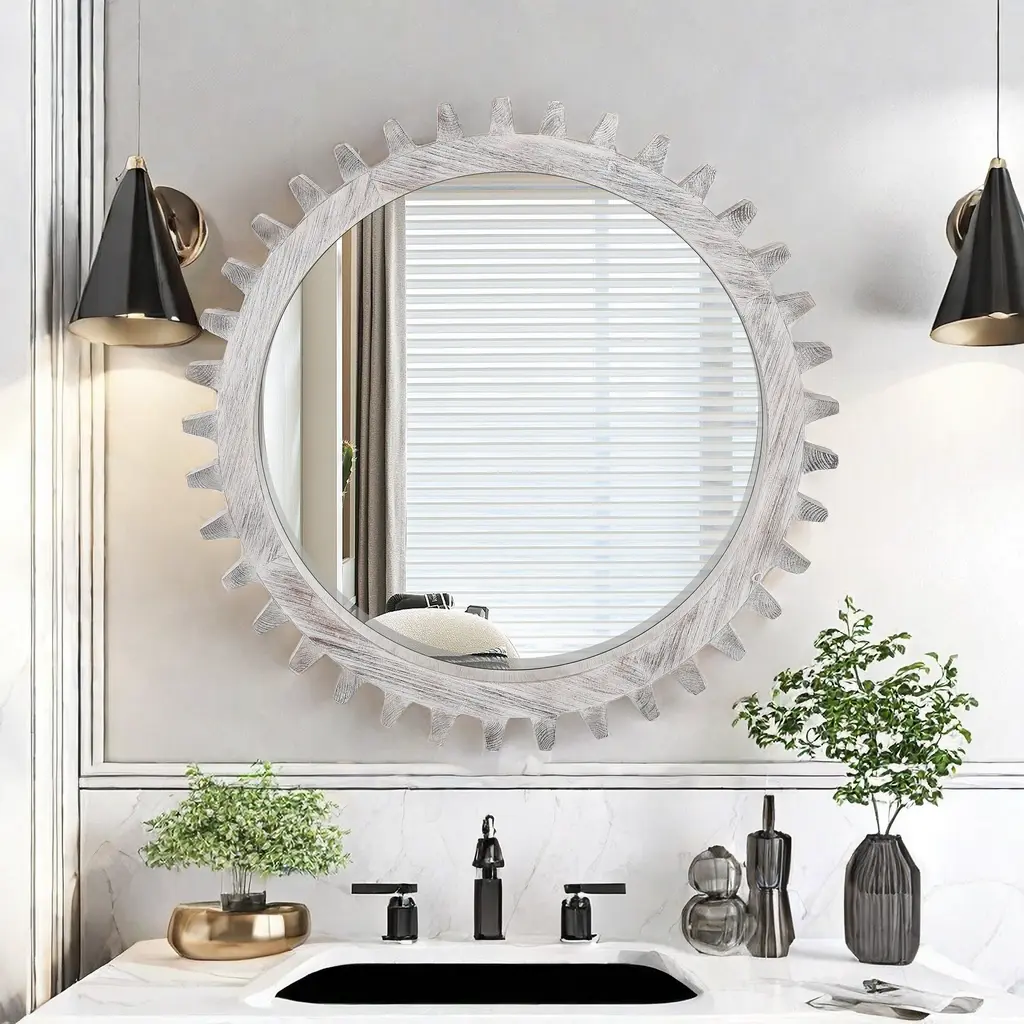 Vintage 42 Inch Wood Round Hanging Gear Influence Decorative Mirror rnb