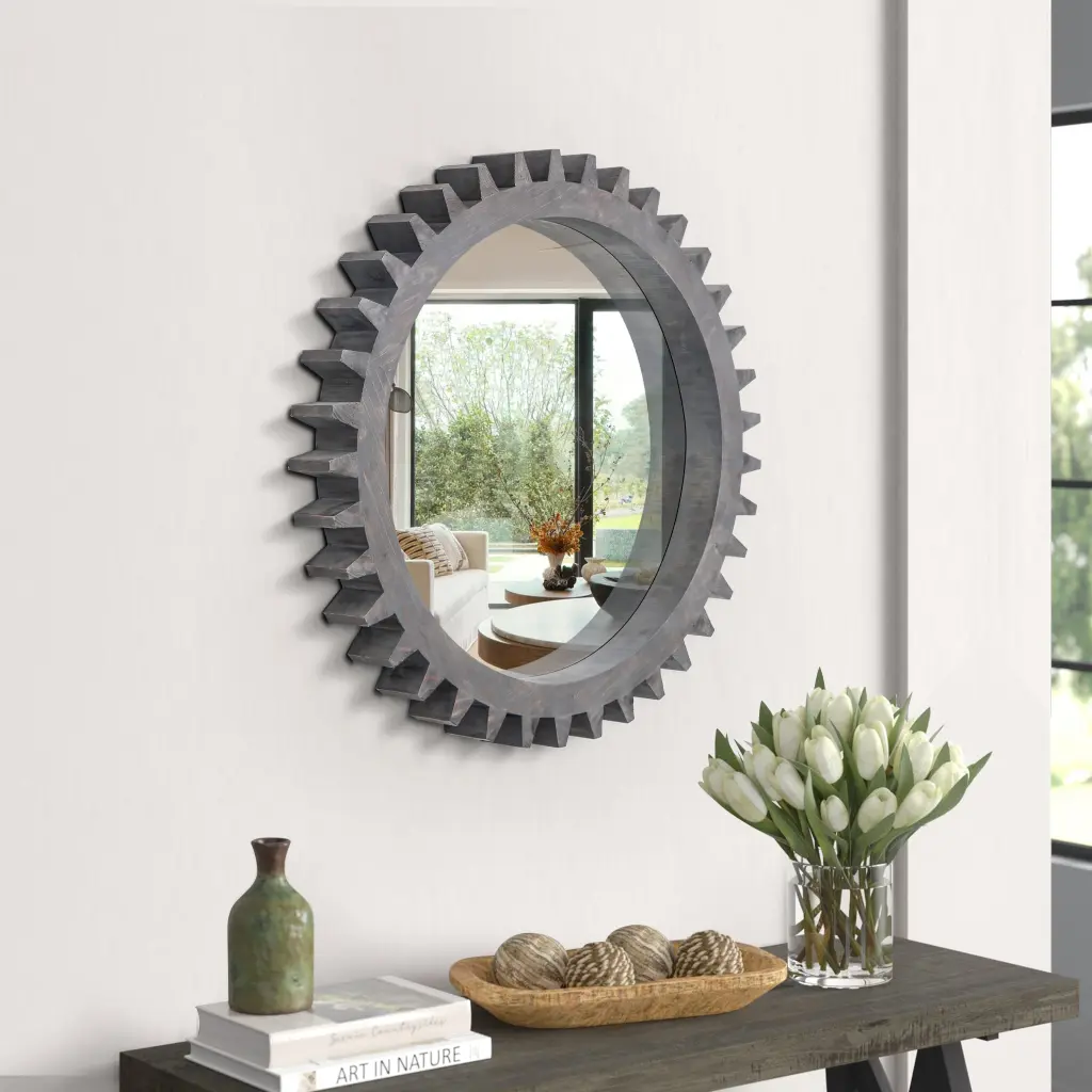 Vintage 17'' Timber Round Hanging Gear Shape Decorative Mirror Wall rnb