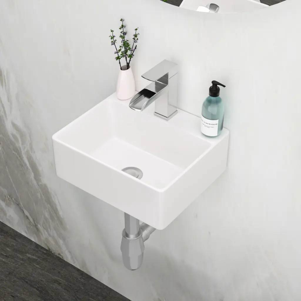13.6X11.6 Inch White Ceramic Rectangle Wall Mount Bathroom Sink Faucet lordear