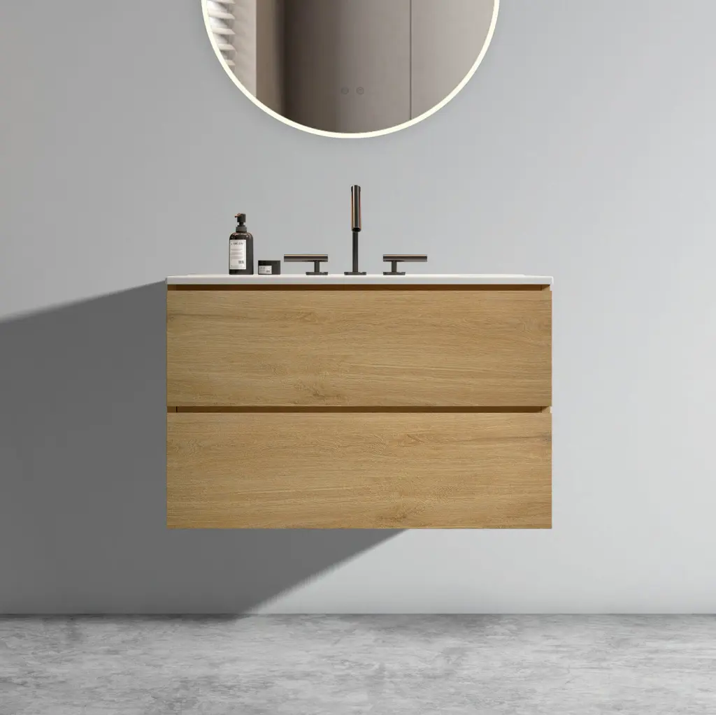 30 Inch Wall Mount Natural Oak Bathroom Vanity Ceramic Sink abay home