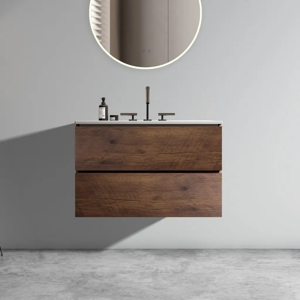 Wall Mount 30 Inch Walnut Bathroom Vanity Porcelain Sink Three Faucets abay home