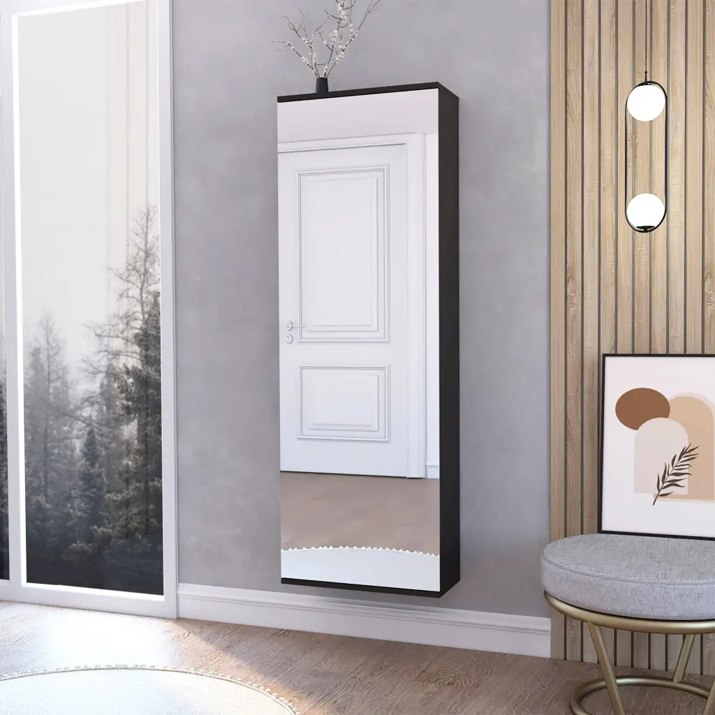 Wall Mounted Shoe Rack Mirror Single Door Black Wengue Finish Entryway Organizer treevol furniture
