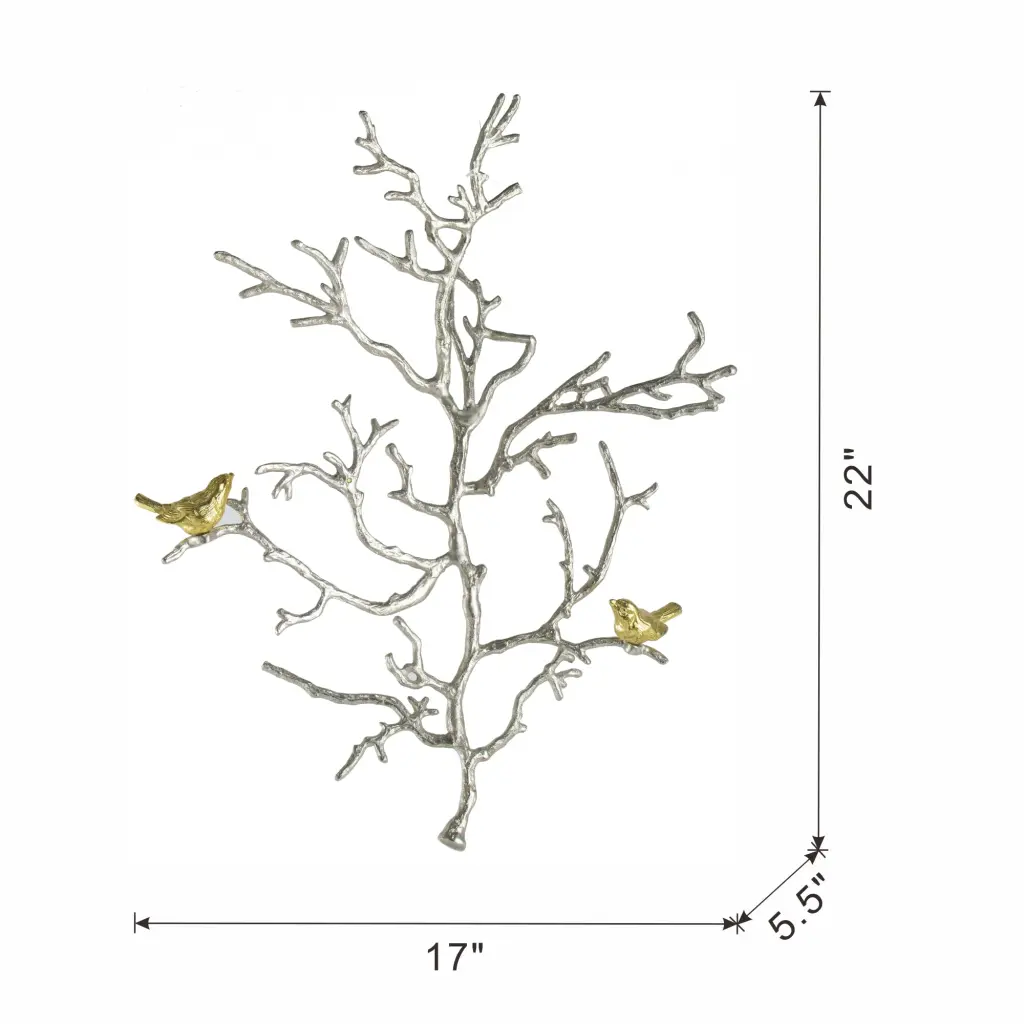 17X5.5X22 Inch Metallic Branch Wall Sculptures Bird Accents Shiny Metal Multi w2078