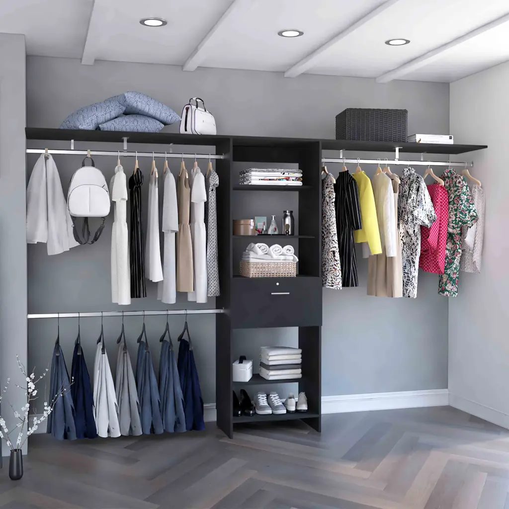 Plego 70W 118W Drawers Closet System One Drawer and Three Hanging Rods tuhome