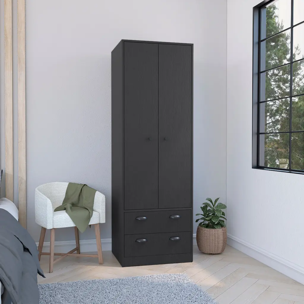 Armoire 70 Inch Height 2 Drawers And 2 Doors Black Hinged Storage Cabinet depot e-shop