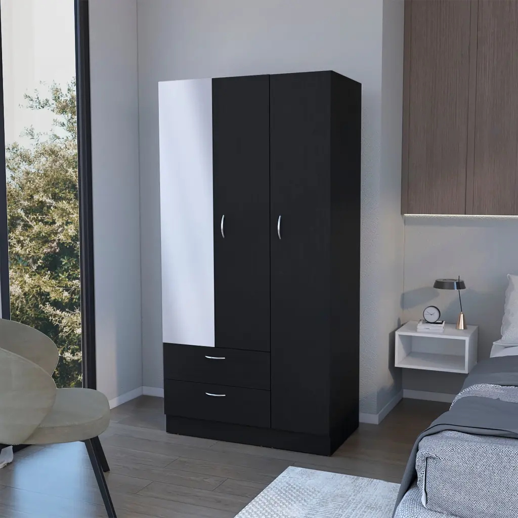 Black 2 Drawer Wardrobe Timber Bedroom Storage Solutions furniture max