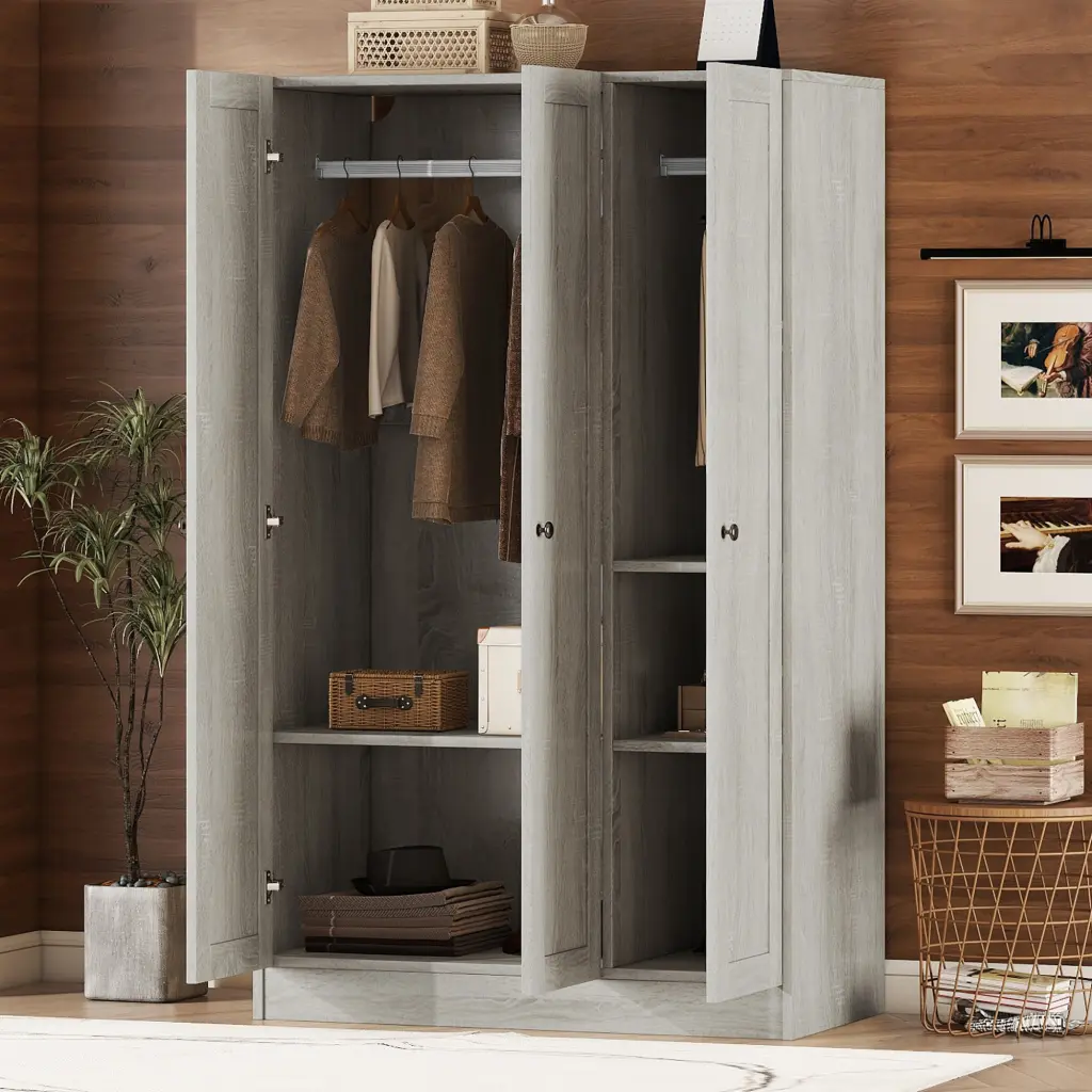 3 Door Shutter Wardrobe Shelves Gray MDF Finish lucky furniture