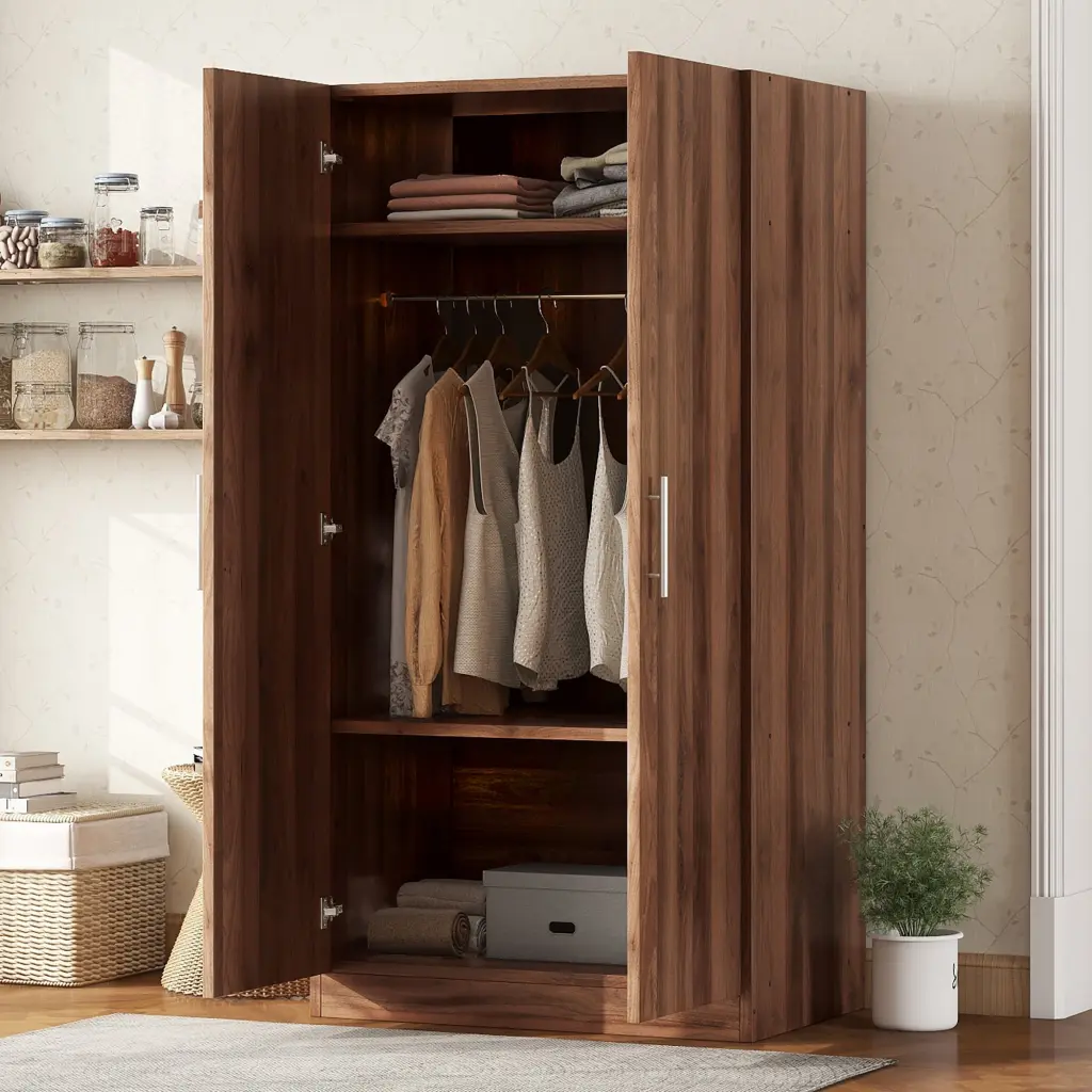 2 Door Timberen Wardrobe Armoire 3 Storage Shelves Brown Solid Wood wm store
