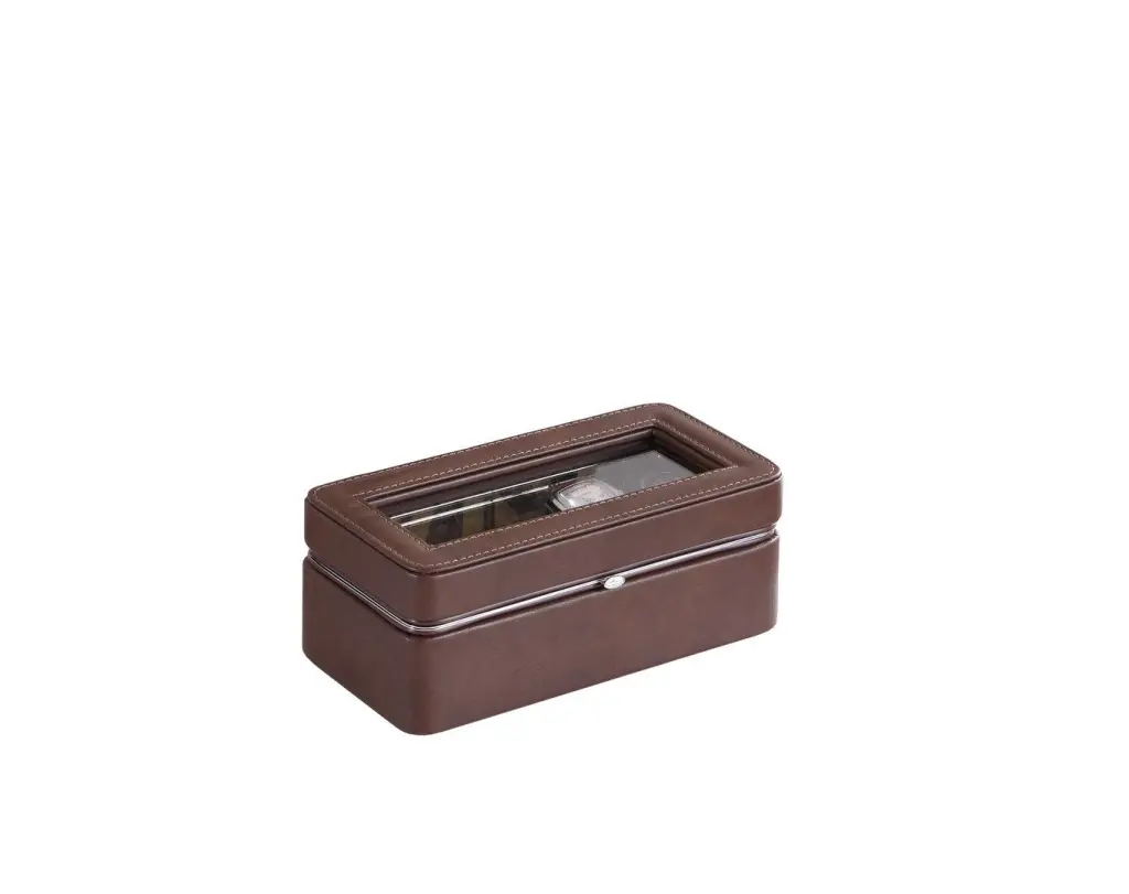 8 Inch Long Tempered Glass and Leather 4 Slot Timepiece Presentation Case Brown california home