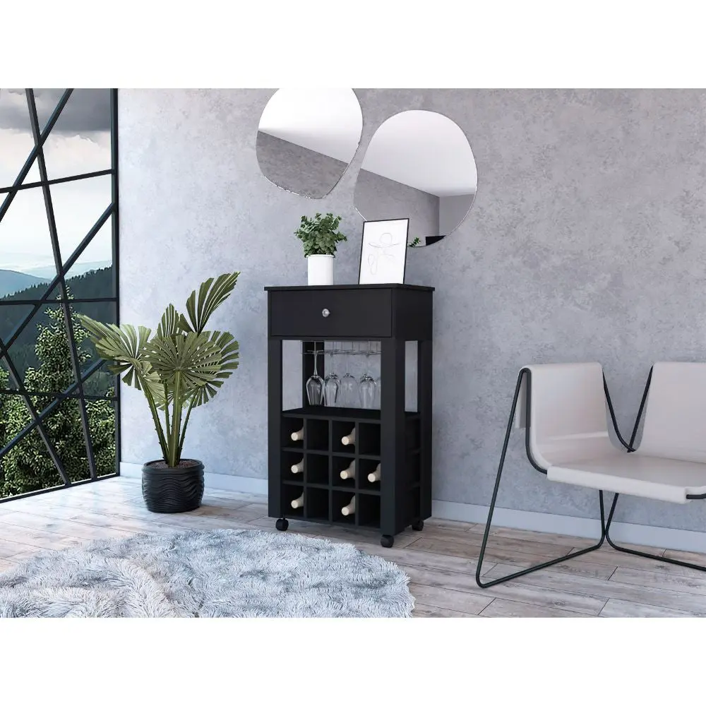 Ambler 1 Drawer 12 Bottle Wine Cabinet Black Wengue Black Particle Board furniture max