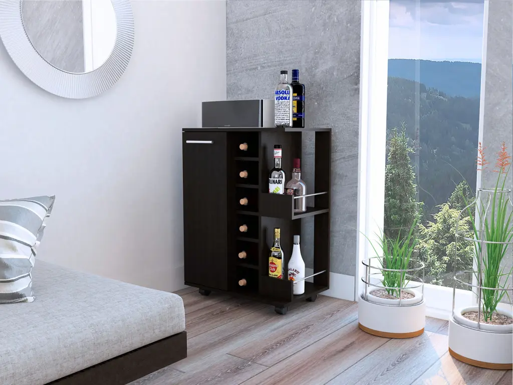 Bartlet 2 Shelf 6 Bottle Bar Shopping Basket Division Black Wengue furniture max
