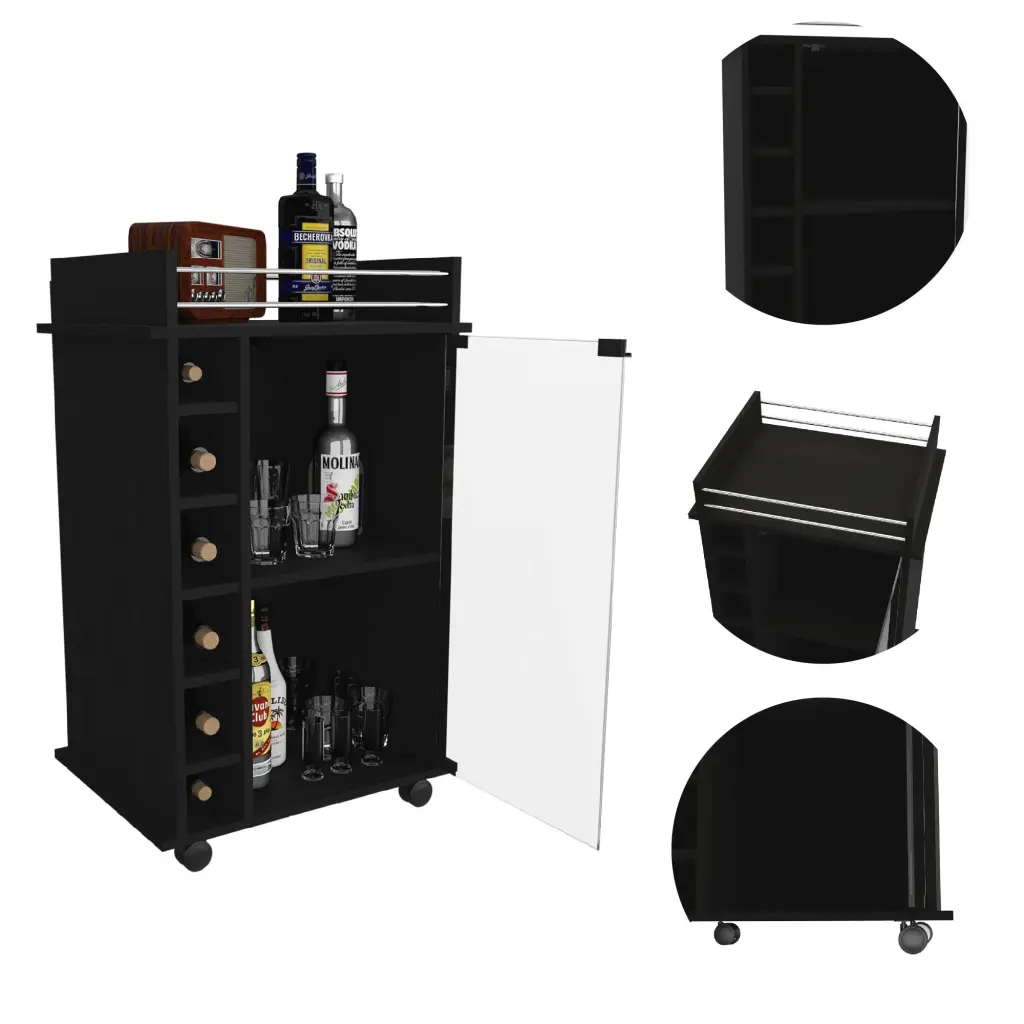 Savannah 6 Bottle 3 Shelf Bar Shopping Basket Black Wengue Black Particle Board Wine Storage furniture max