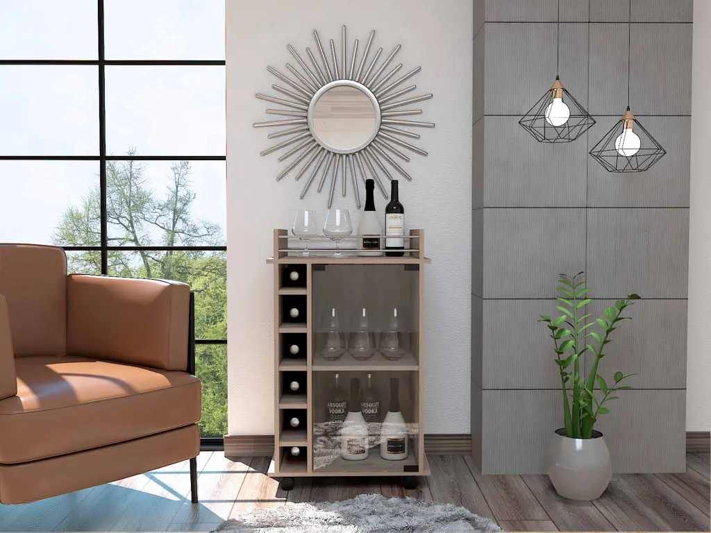 Savannah 6 Bottle 3 Shelf Bar Shopping Basket Light Grey Particle Board Wine Rack furniture max