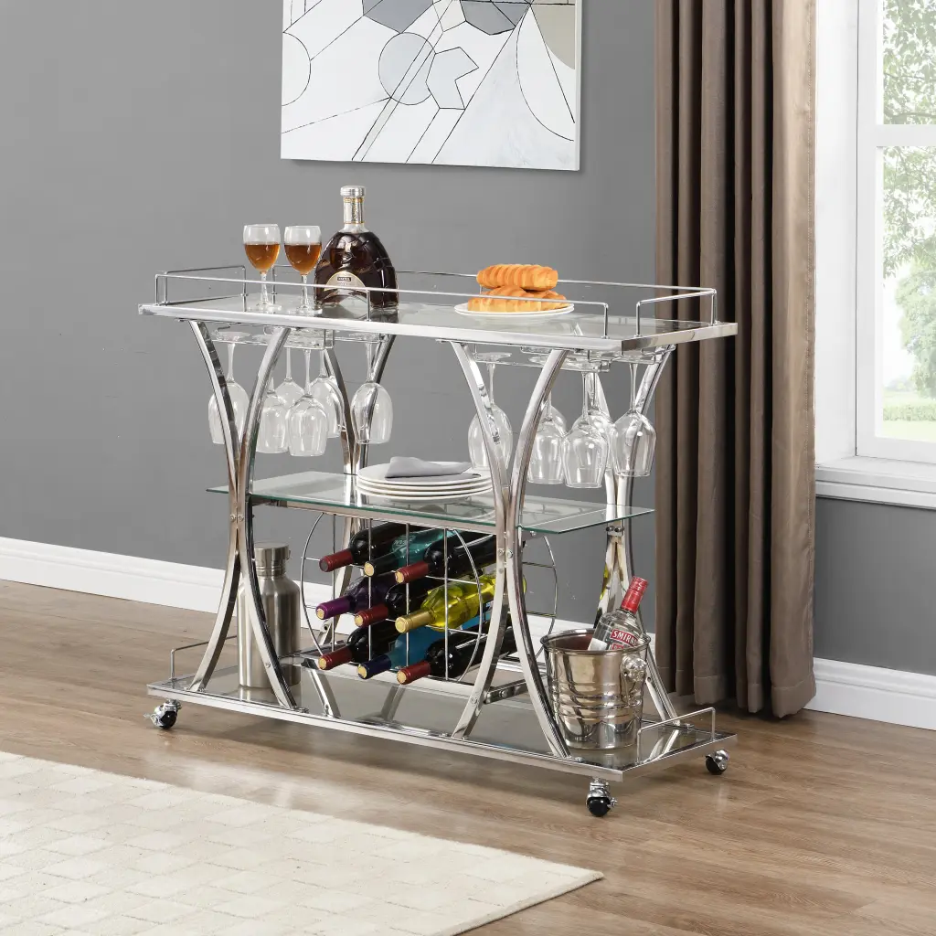 Contemporary Chrome Bar Shopping Basket Wine Rack Shiny Metal Modern Crystal ghn