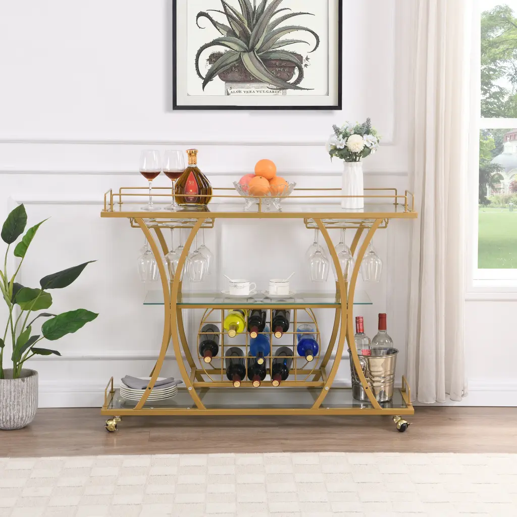 Precious Metal Bar Shopping Basket Wine Rack Tempered Crystal Metallic Frame Wine Storage s-e furniture